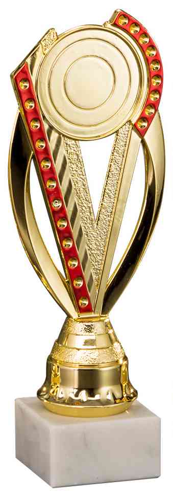 Goldener Pokal mit rotem Steinbesatz, runder Emblemplatte und weißem Marmorsockel. Pokale Hilden 3-er Pokalserie 195 mm - 221 mm von POMEKI.