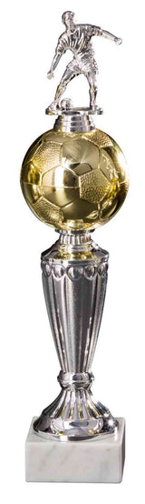 Thumbnail for Ein Fußballpokal aus Silber und Gold mit einer Fußballspielerfigur obenauf und einem Fußball in der Mitte, mit einem Sockel aus Marmor – ein exquisiter Fußball der 3er-Serie 310 mm – 370 mm, der jedes Champions würdig ist.
