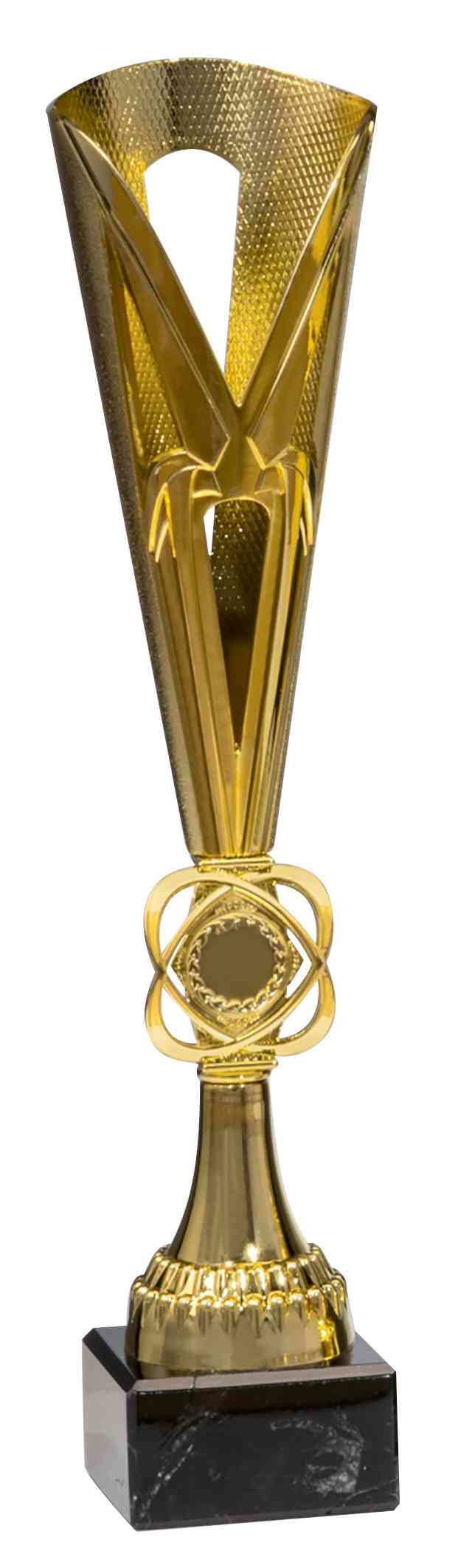 Goldpokal aus der Pokale Chelle 3-er Pokalserie 347 mm – 367 mm PK756480-3-E25 mit einem Y-förmigen Oberteil und einem Lorbeerkranz-Emblem auf schwarzem Sockel.