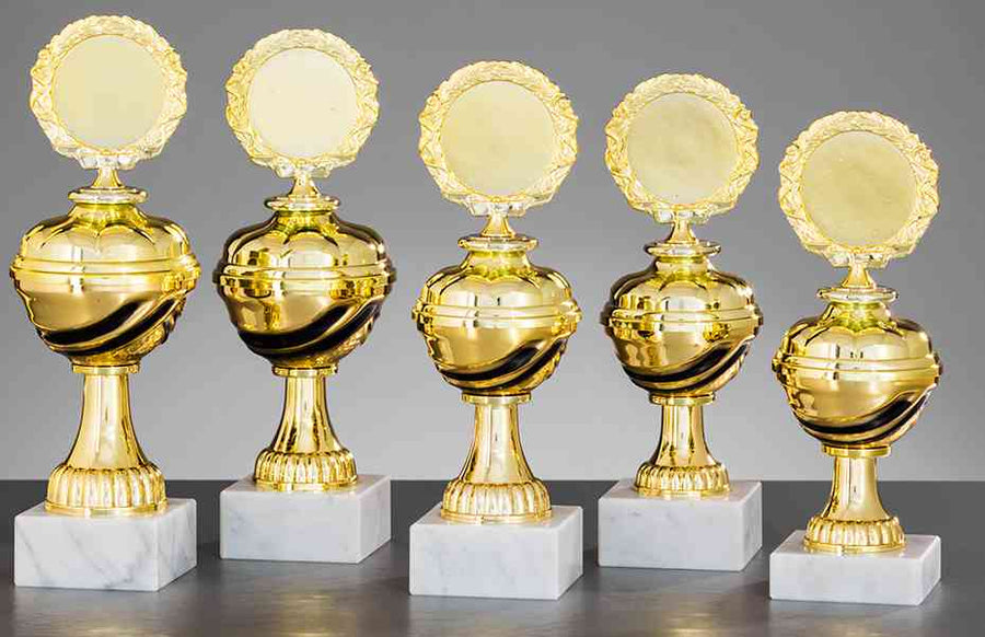 Fünf Pokale der Norderstedt 5-er Pokalserie 208 mm – 245 mm PK758540-5-E50 mit runden Plaketten auf Marmorsockeln, die exklusives Design und hochwertiges Material präsentieren, werden in einer Reihe vor einem schlichten Hintergrund präsentiert.