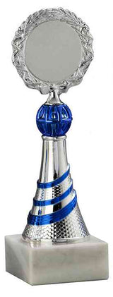 Thumbnail for Ein Pokal Rüsselsheim 4-er Pokalserie 195 mm - 247 mm mit runder Spitze und blauen Akzenten, mit einem weißen Sockel mit einer Metallsäule, die in ein blaues Spiralmuster eingewickelt ist. Diese aus hochwertigem Material gefertigte Trophäe besticht durch ein exklusives Design, das in jeder Sammlung hervorsticht.