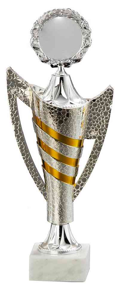 Pokale Dorsten 4-er Pokalserie 265 mm – 341 mm PK758990-4-E50, mit Goldstreifen auf weißem Marmorsockel, mit offener, runder Oberseite. Diese aus hochwertigem Material gefertigte Auszeichnung stellt den Höhepunkt der Leistung dar.