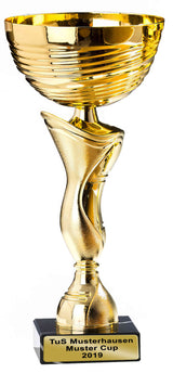 Thumbnail for Ein goldener Pokal Heilbronn 4-er Pokalserie 240 mm – 278 mm mit schlichtem, modernem Design steht auf einem schwarzen Sockel mit der Aufschrift „TuS Musterhausen Muster Cup 2019“.