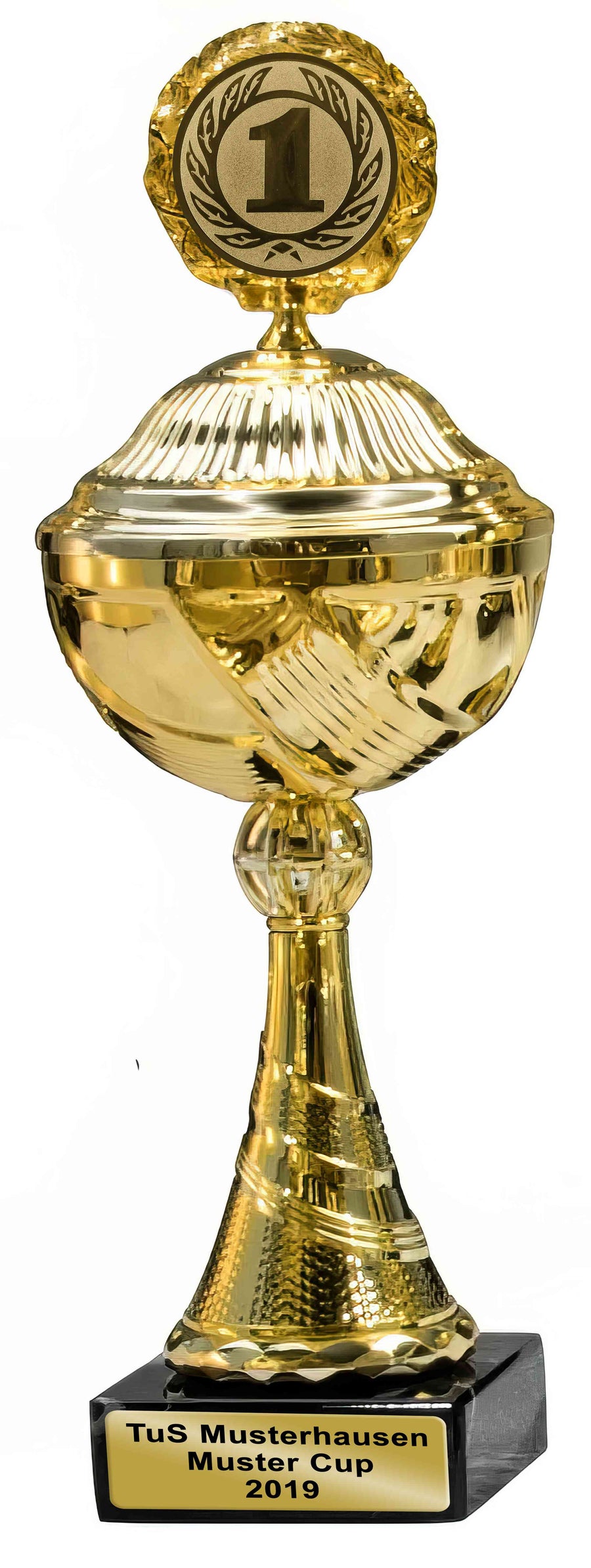 Ein goldener Pokal Karlsruhe 10-er Pokalserie mit Deckel 253 mm - 362 mm PK759340-10-E50 mit exklusivem Design und der Nummer 1 oben, verliehen für den TuS Musterhausen Muster Cup 2019, gefertigt aus hochwertigem Material.