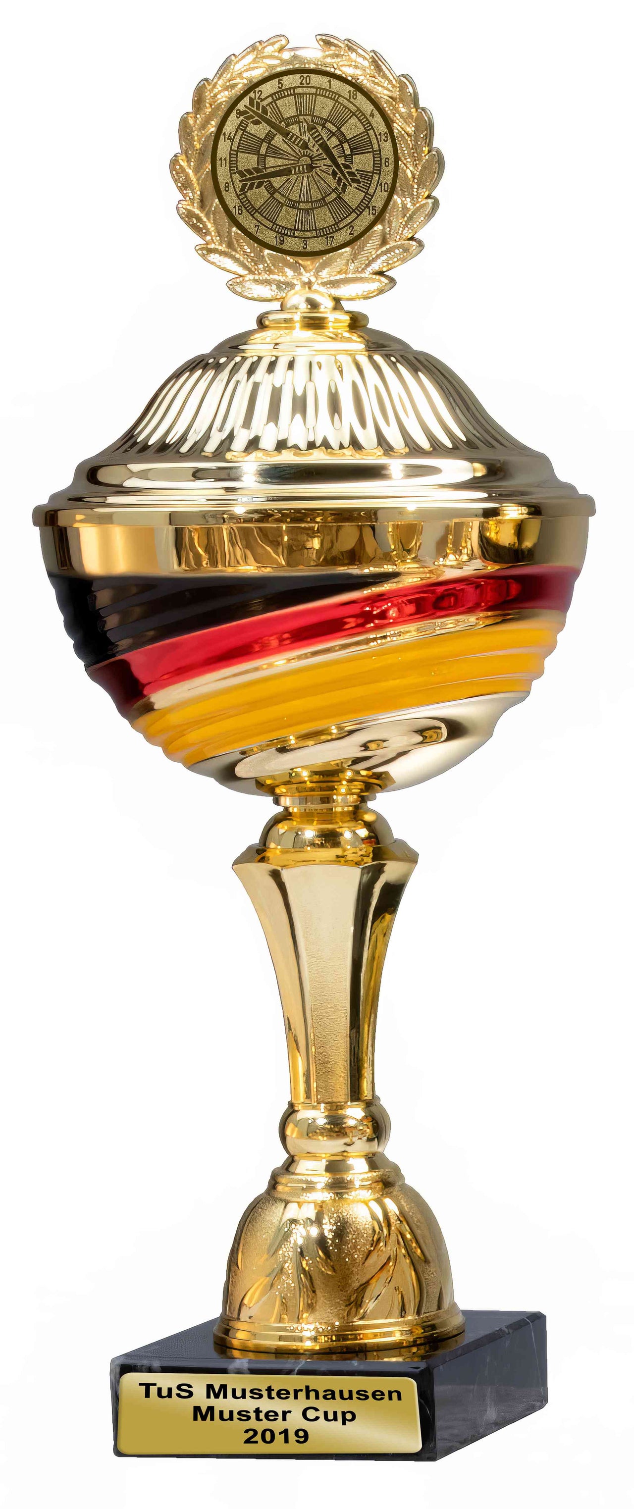 Pokale Düsseldorf: Ein goldener Siegerpokal mit individueller Gravur, erhältlich bei Rohrsmühl Pokalhandel, einem Fachgeschäft für Trophäen, Medaillen und Vereinsbedarf in Nordrhein-Westfalen.