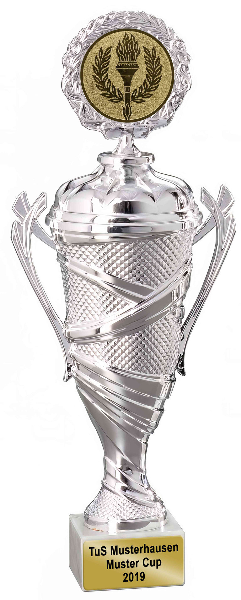 Die "Köln | 4-er Pokalserie 233 mm - 302 mm | Pokale Köln" bietet elegante silberne Trophäen mit verschnörkelten Griffen, goldenen Emblemen und weißen Sockeln - ideal für jede Trophäensammlung in Pokale Köln.
